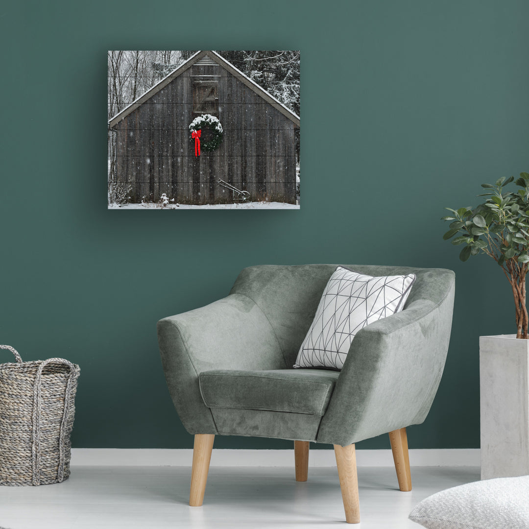 Wooden Slat Art 18 x 22 Inches Titled Christmas Barn in the Snow Ready to Hang Picture Image 1