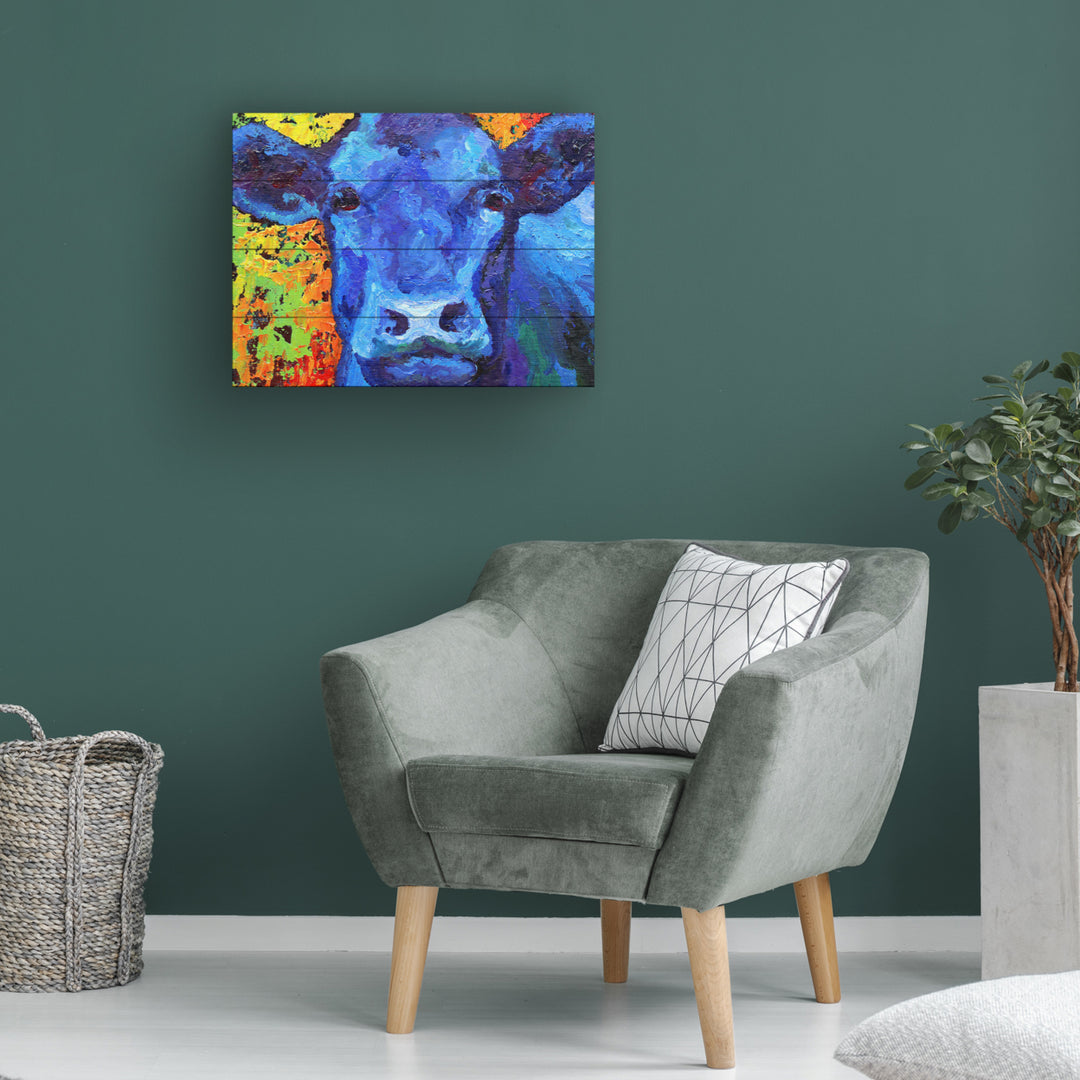 Wall Art 12 x 16 Inches Titled Blue Cow Ready to Hang Printed on Wooden Planks Image 1