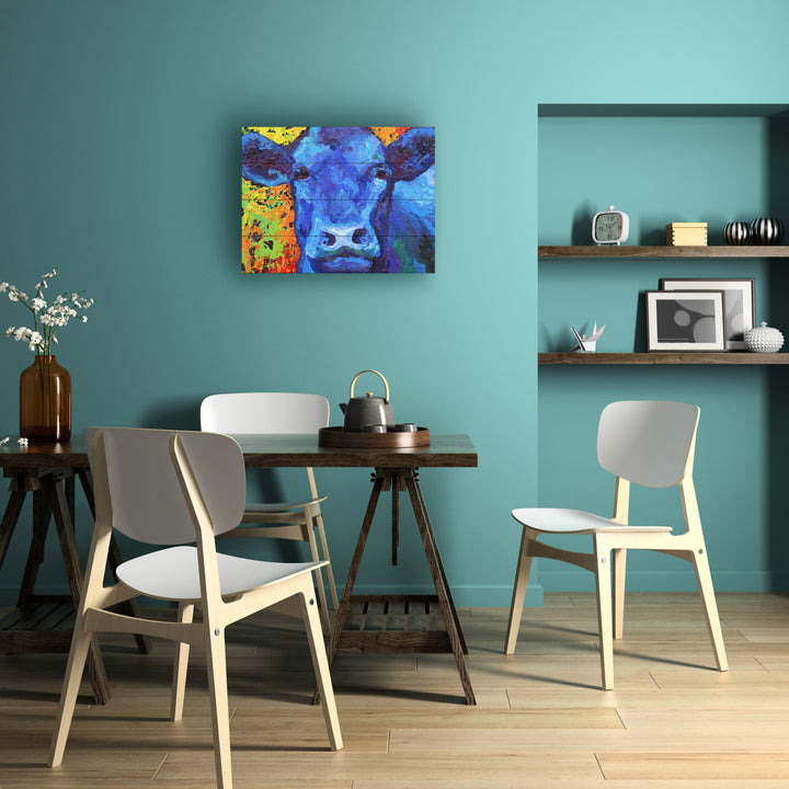 Wall Art 12 x 16 Inches Titled Blue Cow Ready to Hang Printed on Wooden Planks Image 4