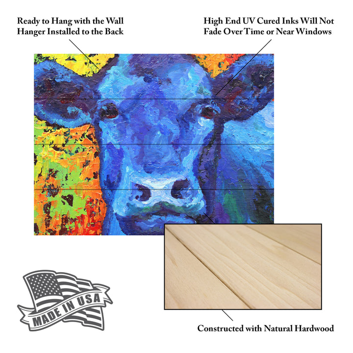 Wall Art 12 x 16 Inches Titled Blue Cow Ready to Hang Printed on Wooden Planks Image 5