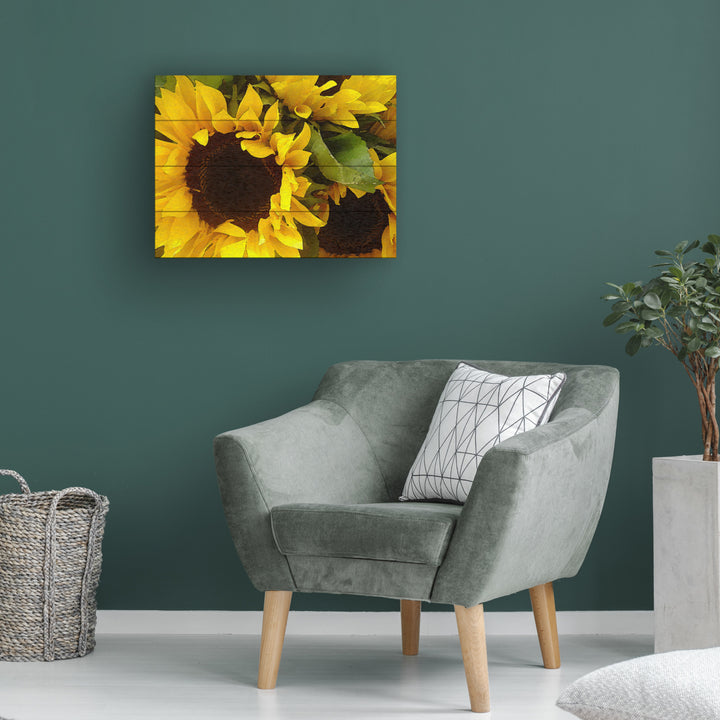 Wall Art 12 x 16 Inches Titled Sunflowers Ready to Hang Printed on Wooden Planks Image 1