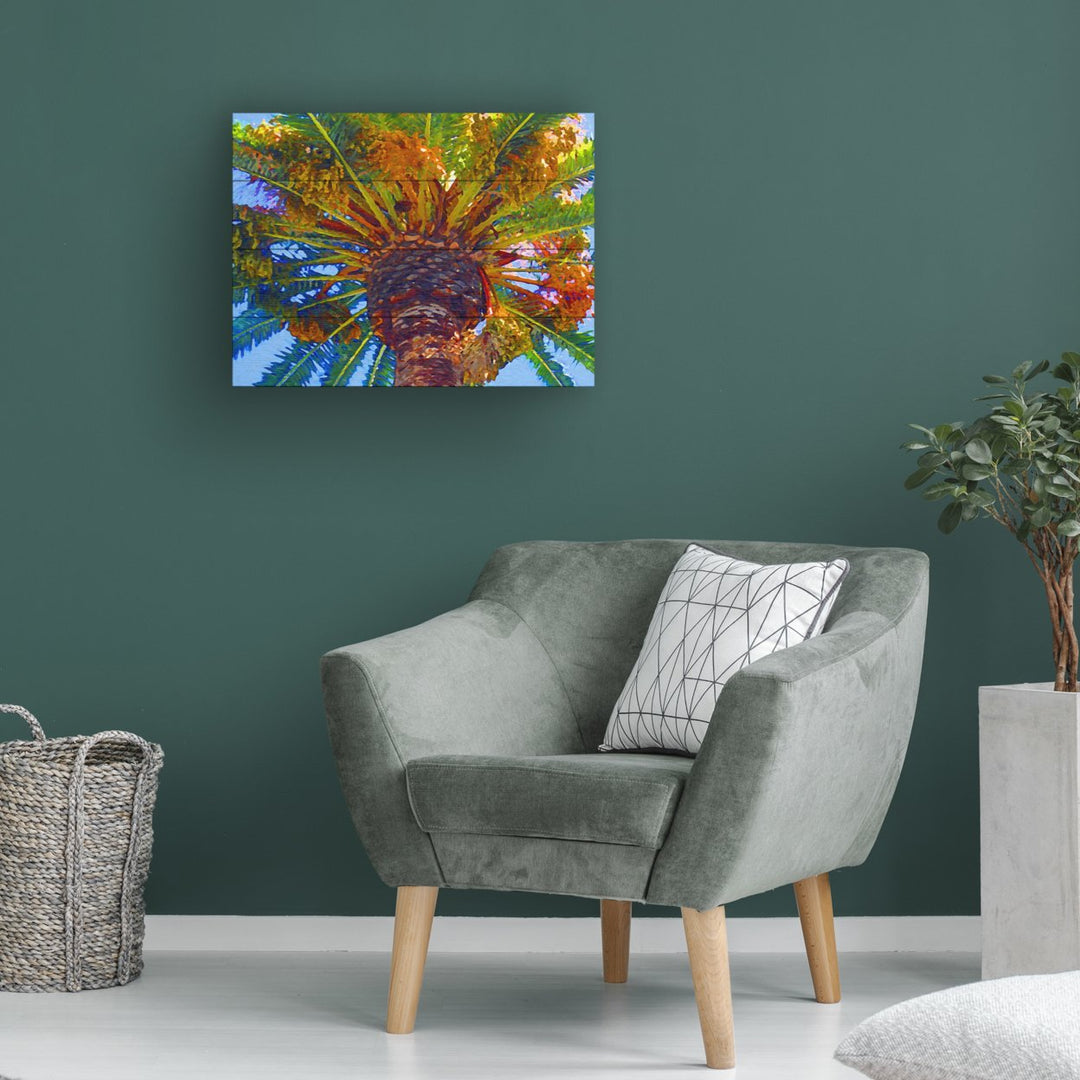 Wall Art 12 x 16 Inches Titled Palm Tree Looking Up Ready to Hang Printed on Wooden Planks Image 1