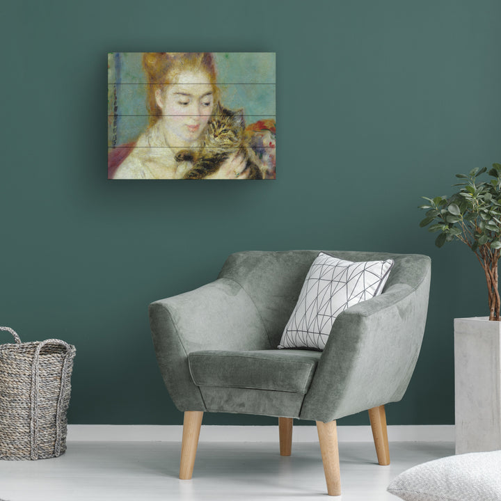 Wall Art 12 x 16 Inches Titled Woman With a Cat 1875 Ready to Hang Printed on Wooden Planks Image 1