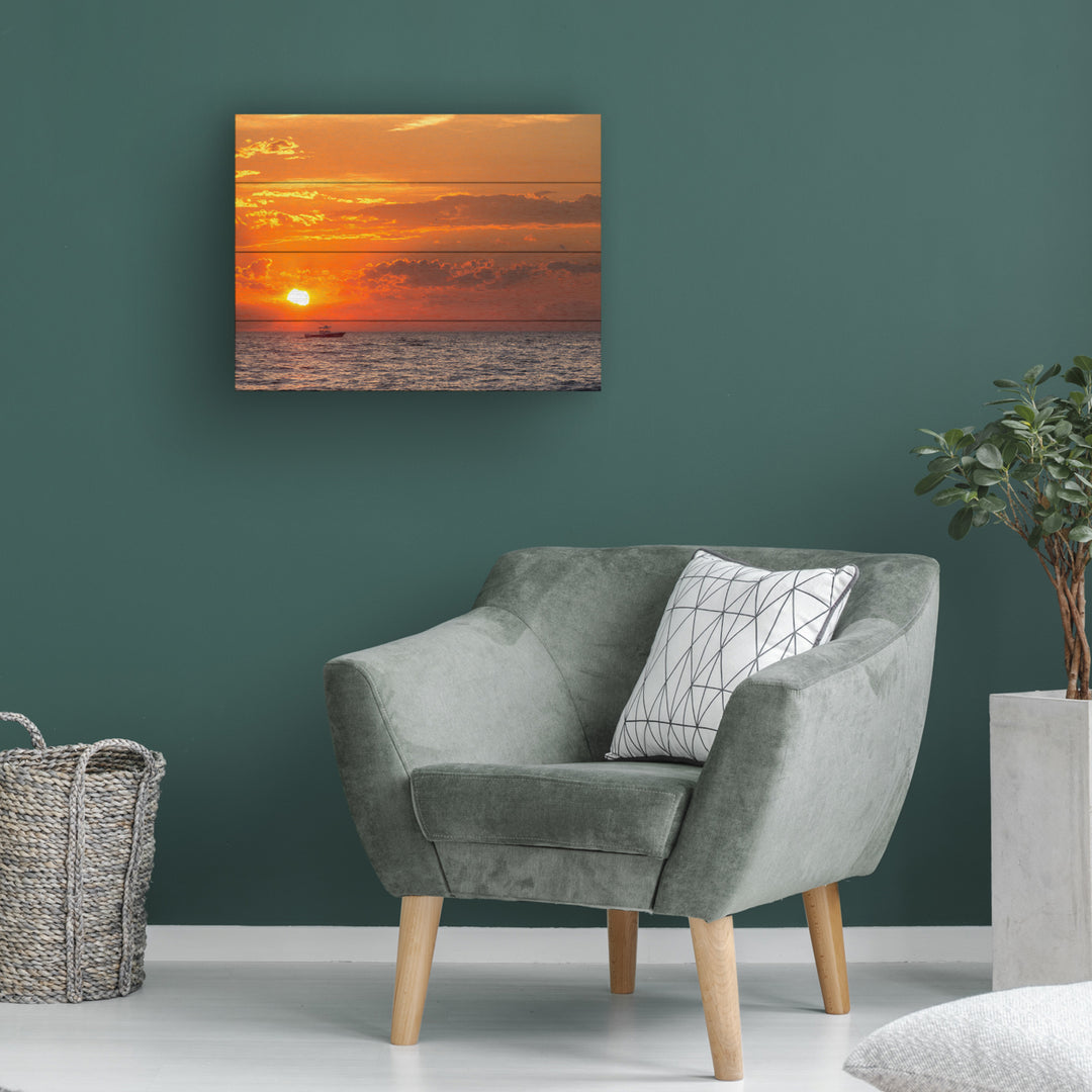 Wall Art 12 x 16 Inches Titled Fishing Boat Sunset Ready to Hang Printed on Wooden Planks Image 1