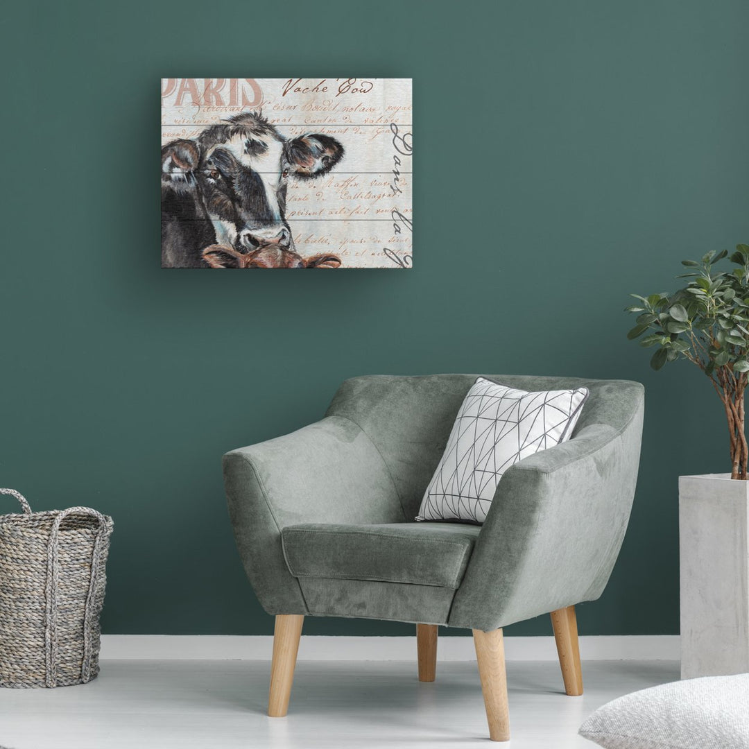 Wall Art 12 x 16 Inches Titled Dans la Ferme Cow Ready to Hang Printed on Wooden Planks Image 1