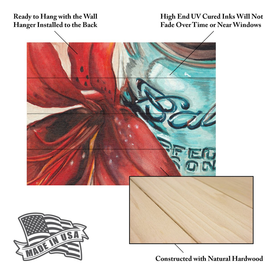 Wall Art 12 x 16 Inches Titled Ball Jar Red Lily Ready to Hang Printed on Wooden Planks Image 5