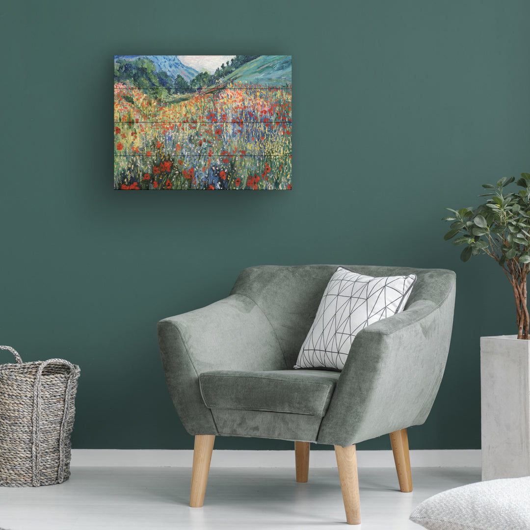 Wall Art 12 x 16 Inches Titled Field of Wild Flowers Ready to Hang Printed on Wooden Planks Image 1