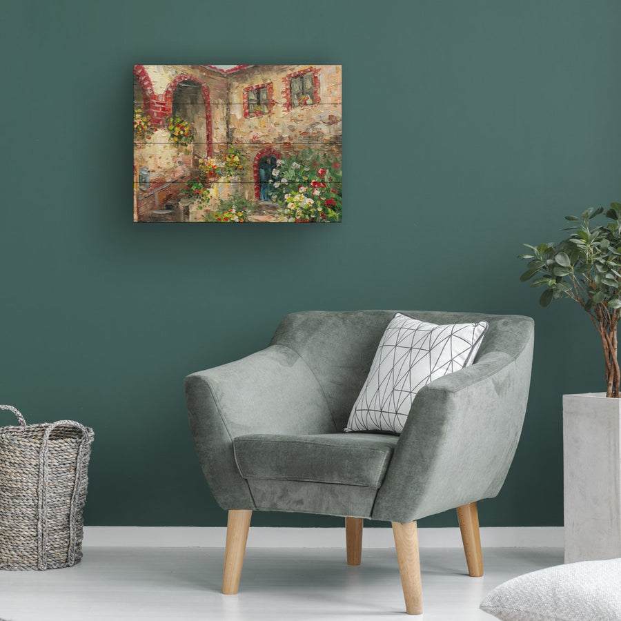 Wall Art 12 x 16 Inches Titled Tuscany Courtyard Ready to Hang Printed on Wooden Planks Image 1