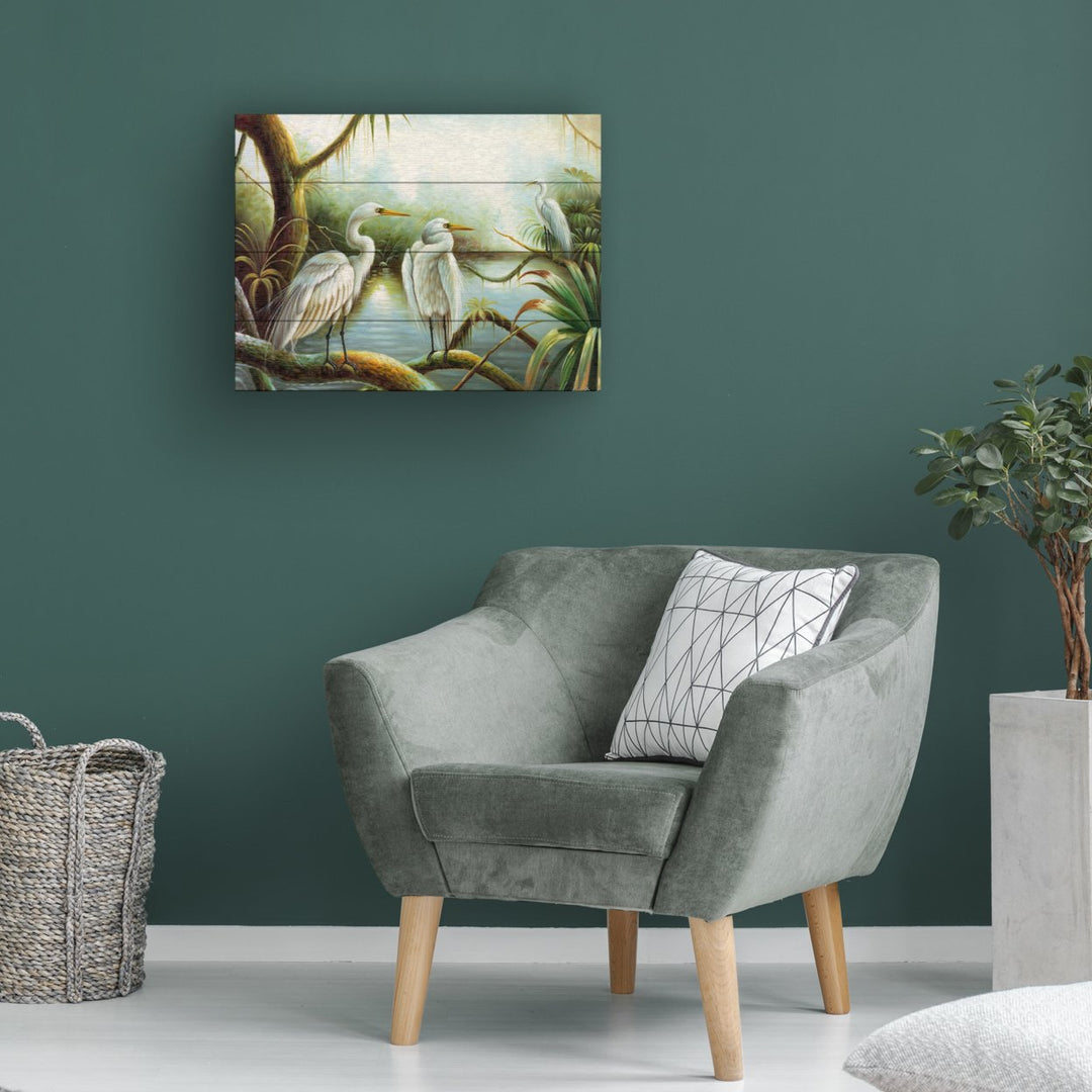 Wall Art 12 x 16 Inches Titled Three Herons Ready to Hang Printed on Wooden Planks Image 1