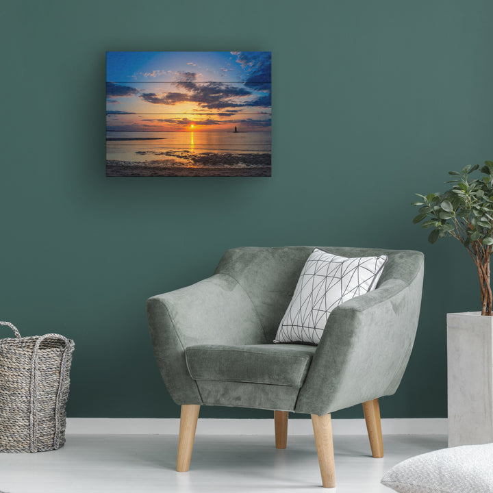 Wall Art 12 x 16 Inches Titled Sunset Breakwater Lighthouse Ready to Hang Printed on Wooden Planks Image 1