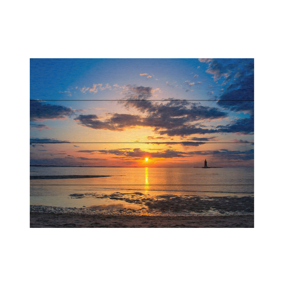 Wall Art 12 x 16 Inches Titled Sunset Breakwater Lighthouse Ready to Hang Printed on Wooden Planks Image 2