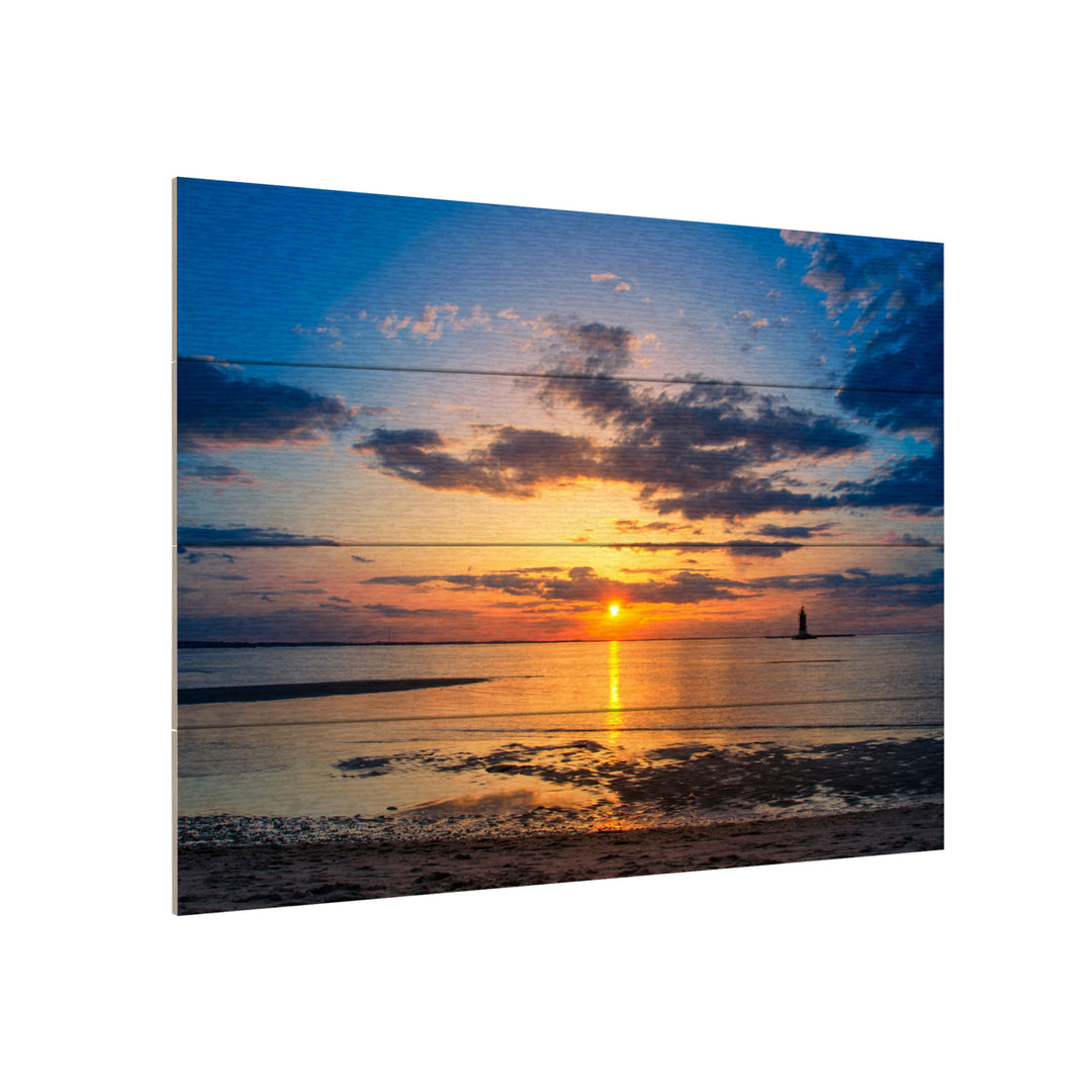 Wall Art 12 x 16 Inches Titled Sunset Breakwater Lighthouse Ready to Hang Printed on Wooden Planks Image 3