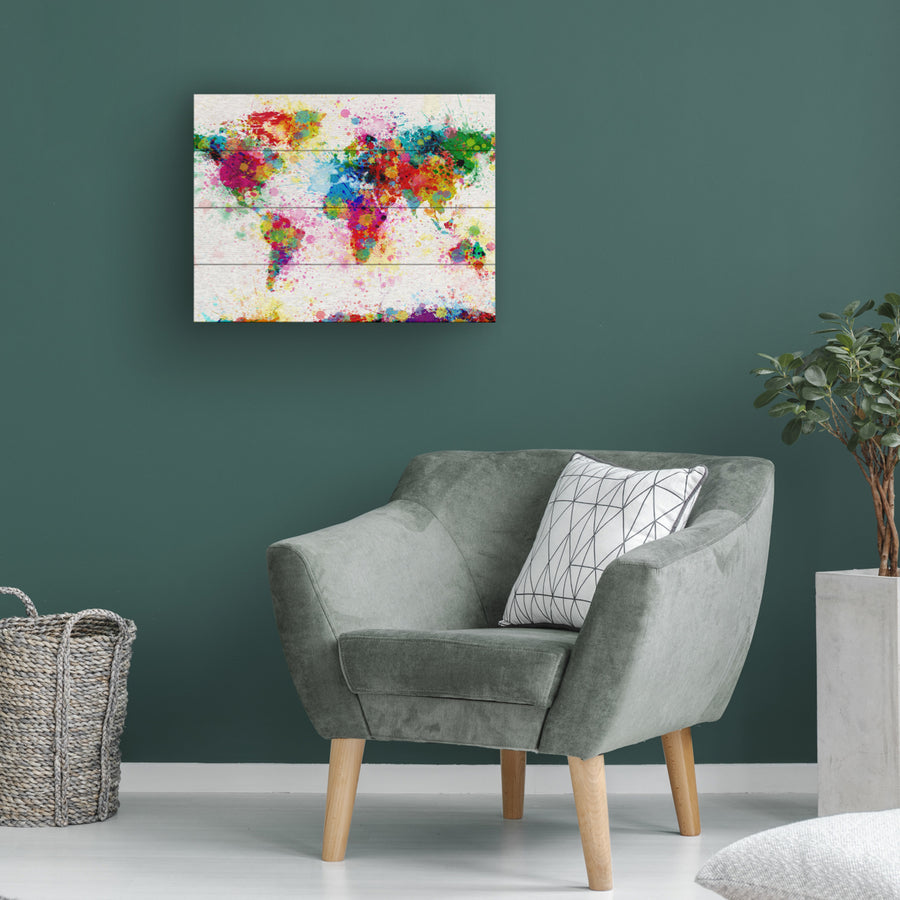 Wall Art 12 x 16 Inches Titled Paint Splashes World Map Ready to Hang Printed on Wooden Planks Image 1