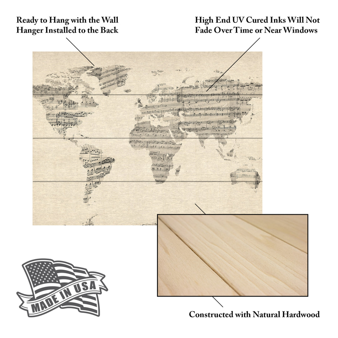 Wall Art 12 x 16 Inches Titled Old Sheet Music World Map Ready to Hang Printed on Wooden Planks Image 5