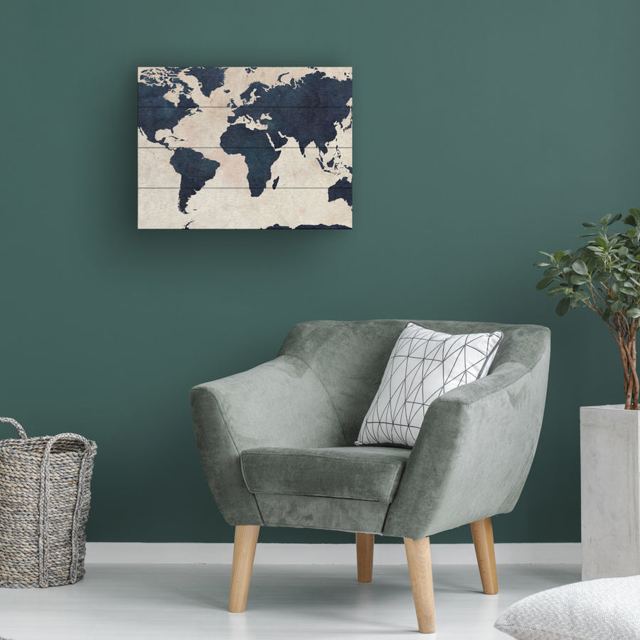 Wall Art 12 x 16 Inches Titled World Map -Navy Ready to Hang Printed on Wooden Planks Image 1