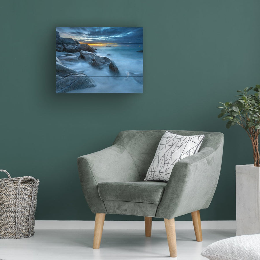 Wall Art 12 x 16 Inches Titled Blue Hour for a Blue Ocean Ready to Hang Printed on Wooden Planks Image 1