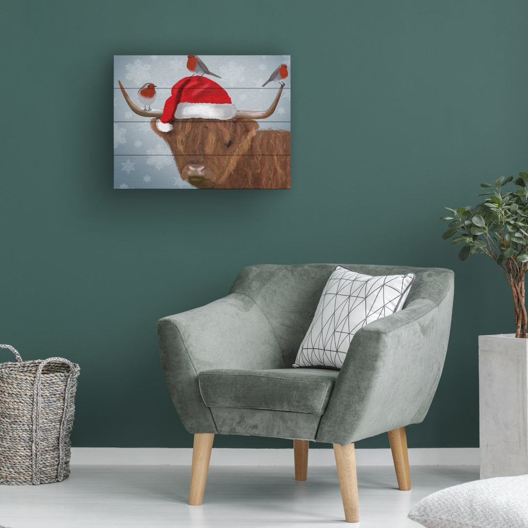 Wall Art 12 x 16 Inches Titled Highland Cow And Robins Ready to Hang Printed on Wooden Planks Image 1