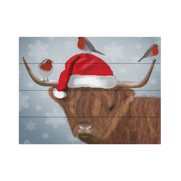 Wall Art 12 x 16 Inches Titled Highland Cow And Robins Ready to Hang Printed on Wooden Planks Image 2