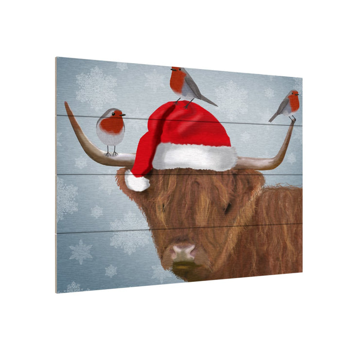 Wall Art 12 x 16 Inches Titled Highland Cow And Robins Ready to Hang Printed on Wooden Planks Image 3