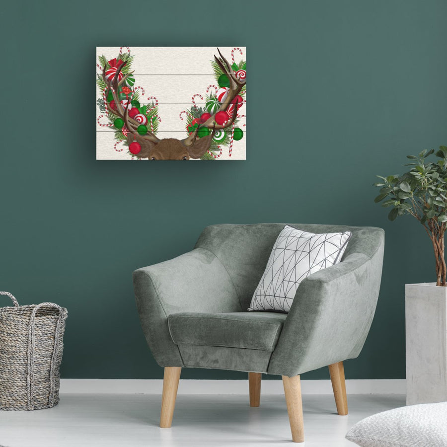 Wall Art 12 x 16 Inches Titled Deer, Candy Cane Wreath Ready to Hang Printed on Wooden Planks Image 1