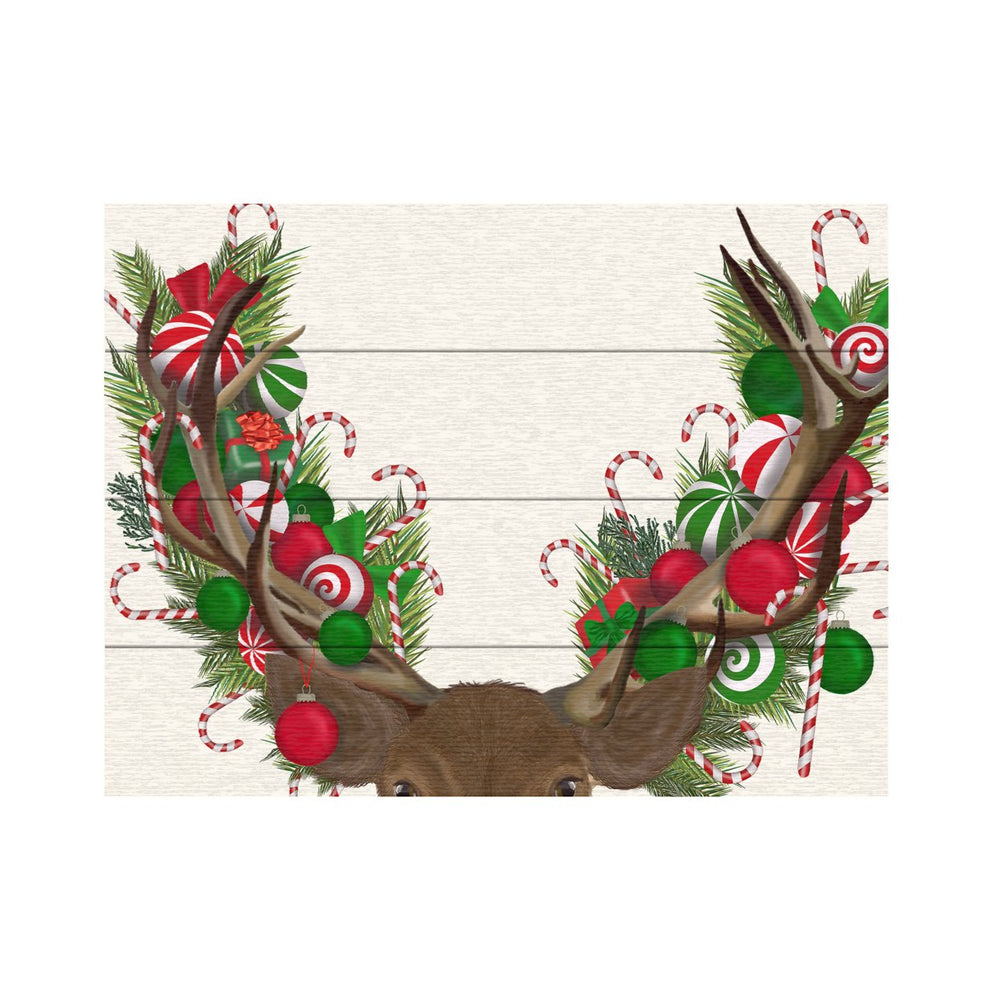 Wall Art 12 x 16 Inches Titled Deer, Candy Cane Wreath Ready to Hang Printed on Wooden Planks Image 2