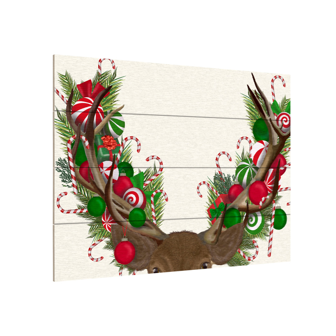 Wall Art 12 x 16 Inches Titled Deer, Candy Cane Wreath Ready to Hang Printed on Wooden Planks Image 3