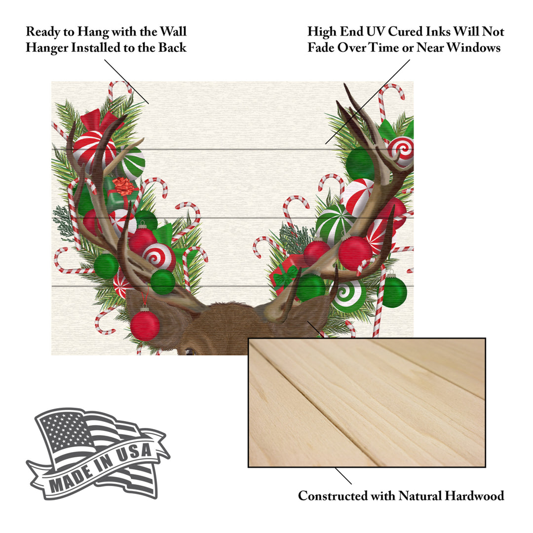 Wall Art 12 x 16 Inches Titled Deer, Candy Cane Wreath Ready to Hang Printed on Wooden Planks Image 5