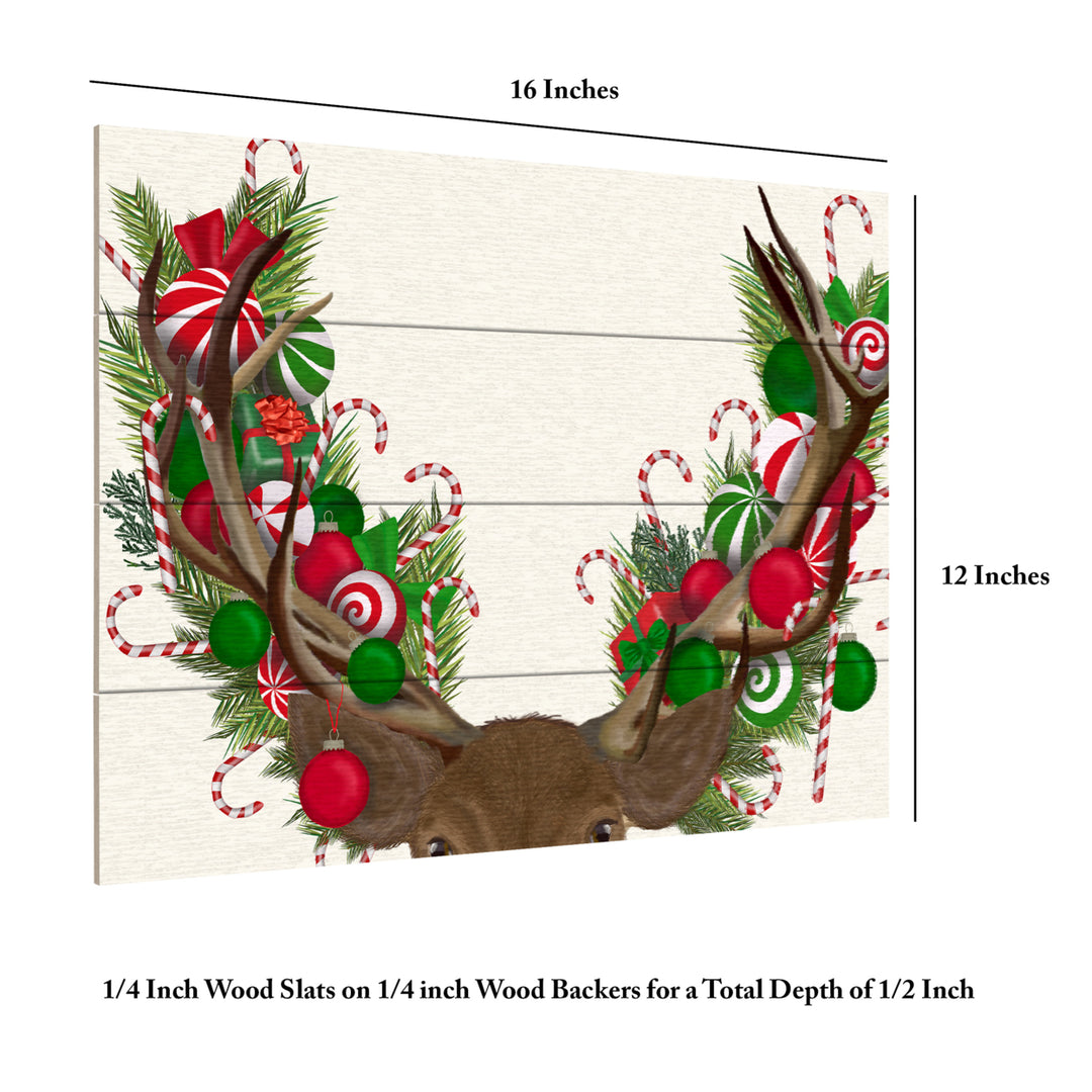 Wall Art 12 x 16 Inches Titled Deer, Candy Cane Wreath Ready to Hang Printed on Wooden Planks Image 6