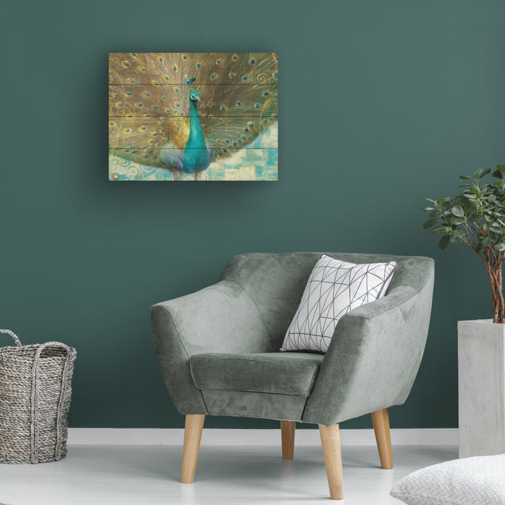 Wall Art 12 x 16 Inches Titled Teal Peacock on Gold Ready to Hang Printed on Wooden Planks Image 1
