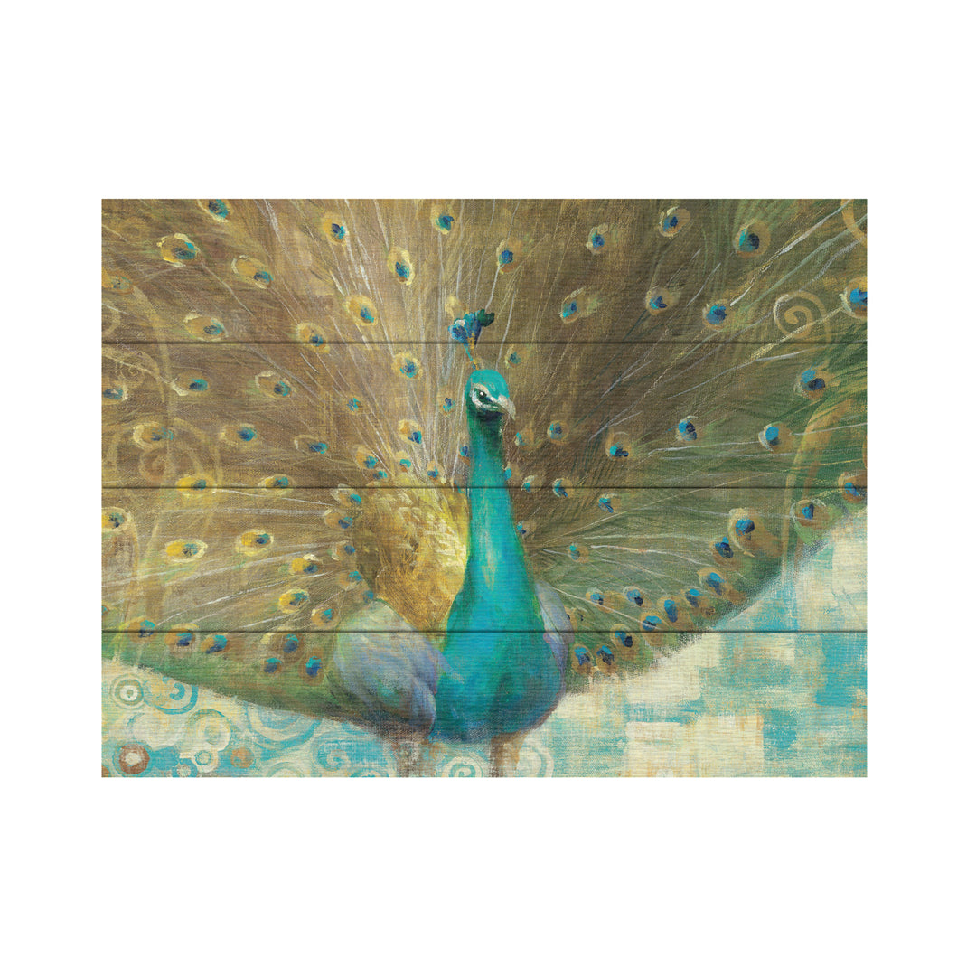 Wall Art 12 x 16 Inches Titled Teal Peacock on Gold Ready to Hang Printed on Wooden Planks Image 2