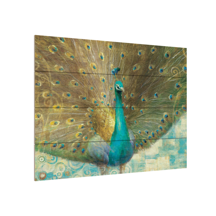 Wall Art 12 x 16 Inches Titled Teal Peacock on Gold Ready to Hang Printed on Wooden Planks Image 3