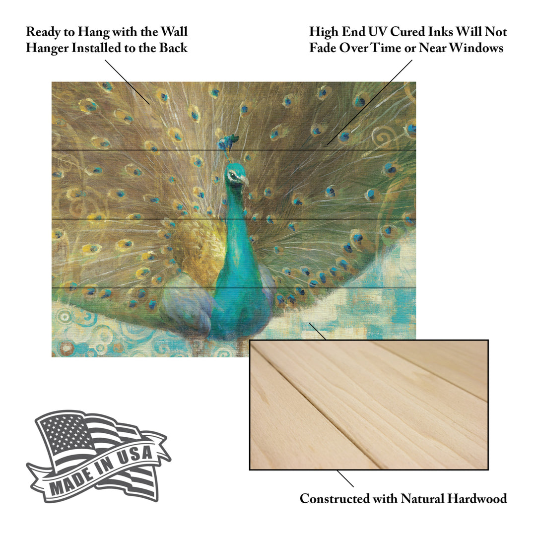 Wall Art 12 x 16 Inches Titled Teal Peacock on Gold Ready to Hang Printed on Wooden Planks Image 5