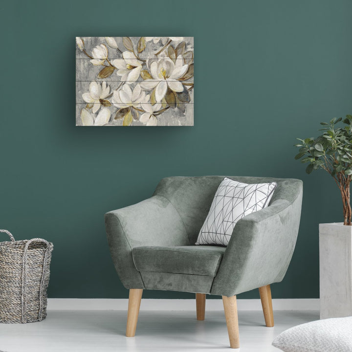Wall Art 12 x 16 Inches Titled Magnolia Simplicity Neutral Gray Ready to Hang Printed on Wooden Planks Image 1