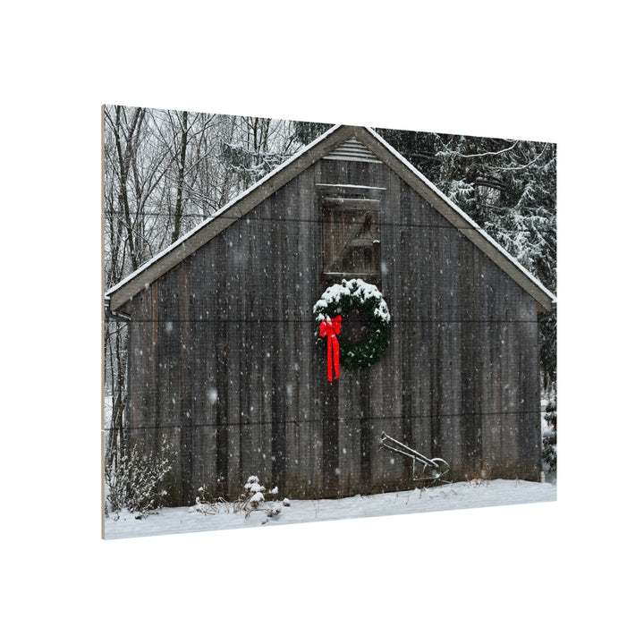 Wall Art 12 x 16 Inches Titled Christmas Barn in the Snow Ready to Hang Printed on Wooden Planks Image 3