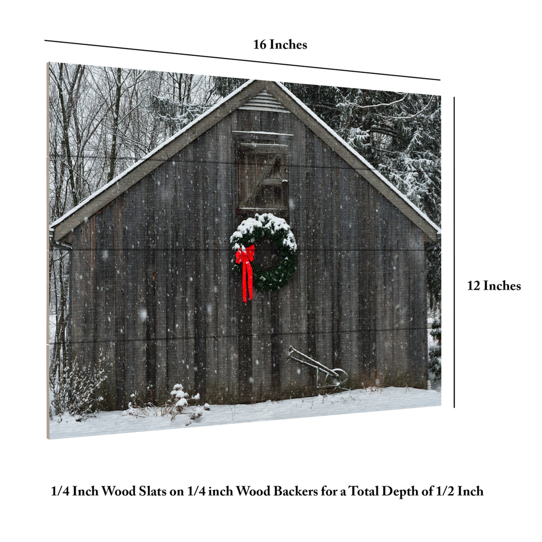 Wall Art 12 x 16 Inches Titled Christmas Barn in the Snow Ready to Hang Printed on Wooden Planks Image 6