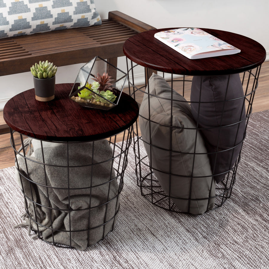 Nesting End Tables Metal Basket Cherry Top Storage Furniture Accent Image 1
