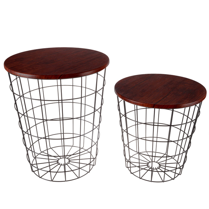 Nesting End Tables Metal Basket Cherry Top Storage Furniture Accent Image 2