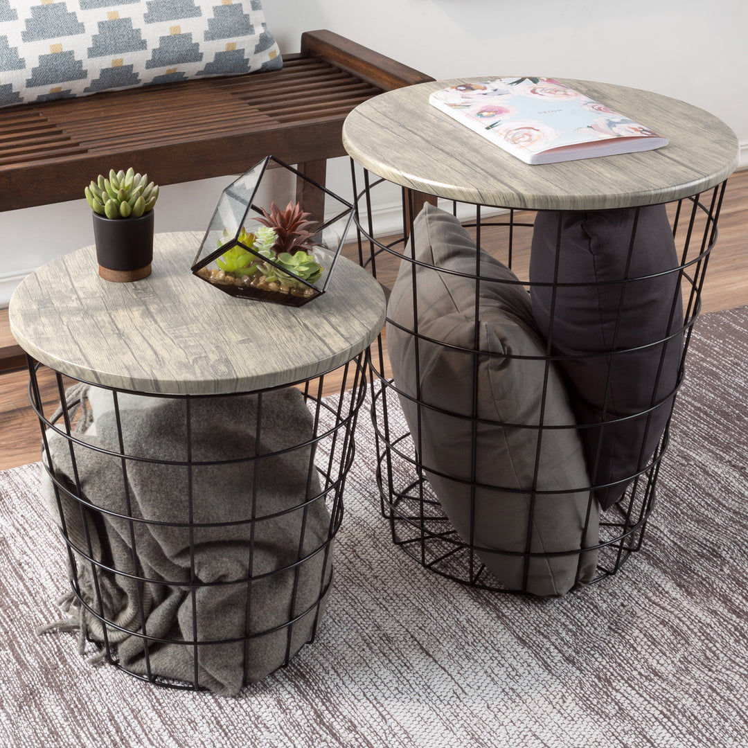 Nesting End Tables Set of 2 Round Metal Storage Basket Gray Woodgrain Top Image 1