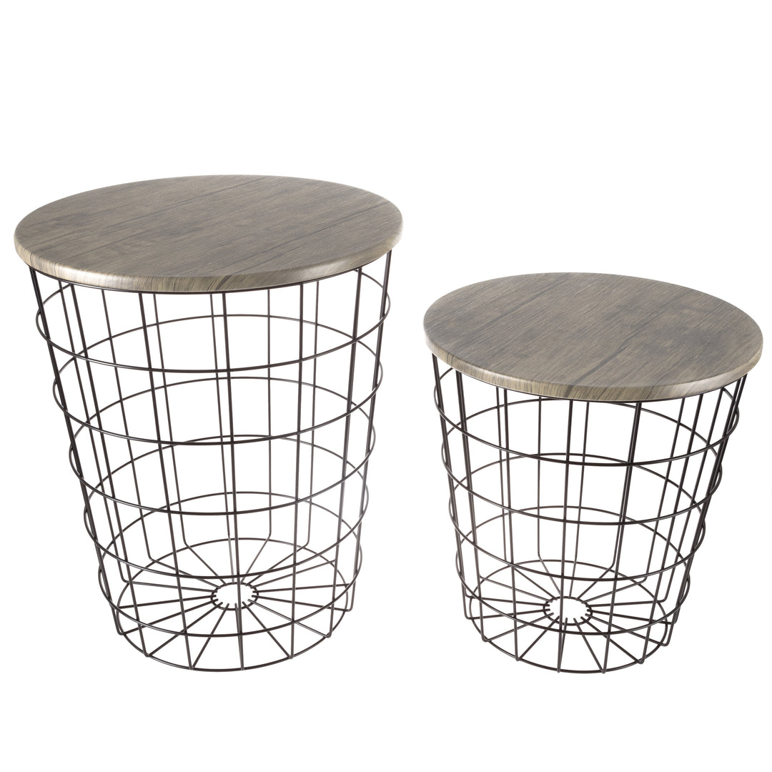 Nesting End Tables Set of 2 Round Metal Storage Basket Gray Woodgrain Top Image 2