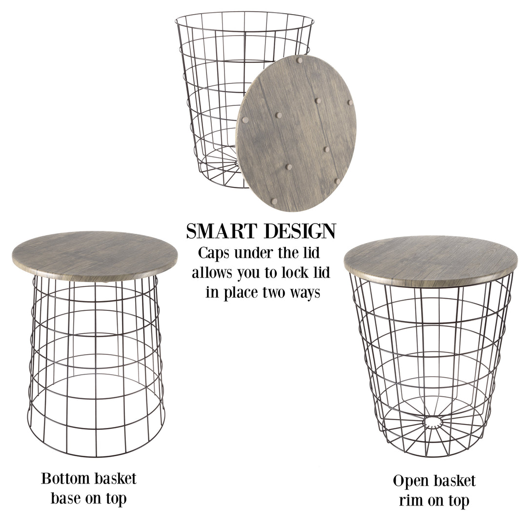 Nesting End Tables Set of 2 Round Metal Storage Basket Gray Woodgrain Top Image 4