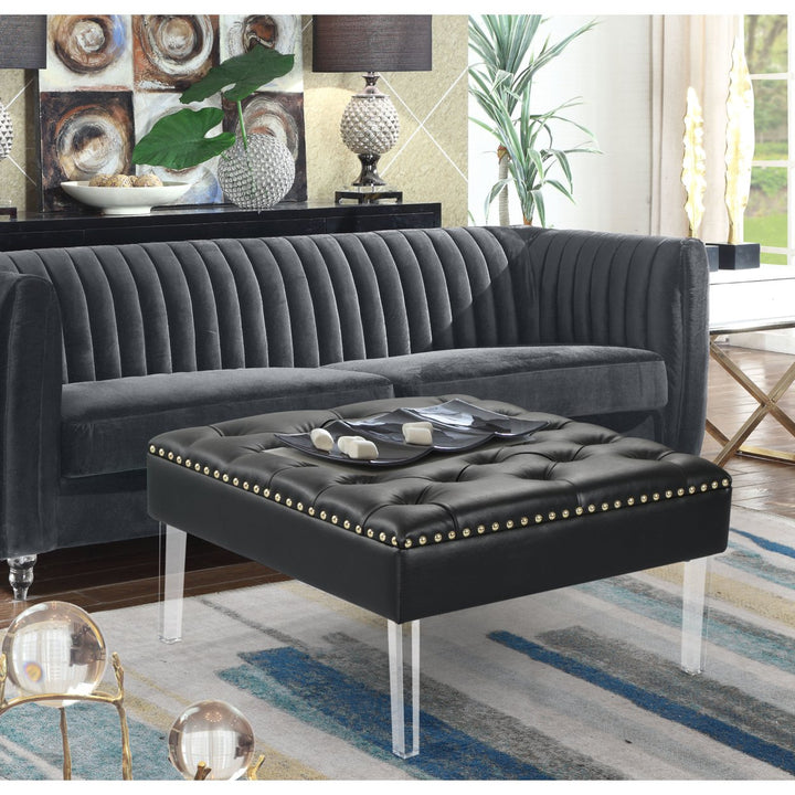 Marie Square Ottoman Center Table Button Tufted PU Leather Upholstered Acrylic Legs Image 1