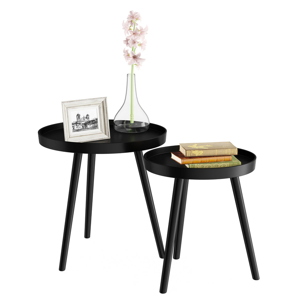 Set of 2 Round Nesting Tables Rimmed End Tables  Night Stands Accent Tables Image 2