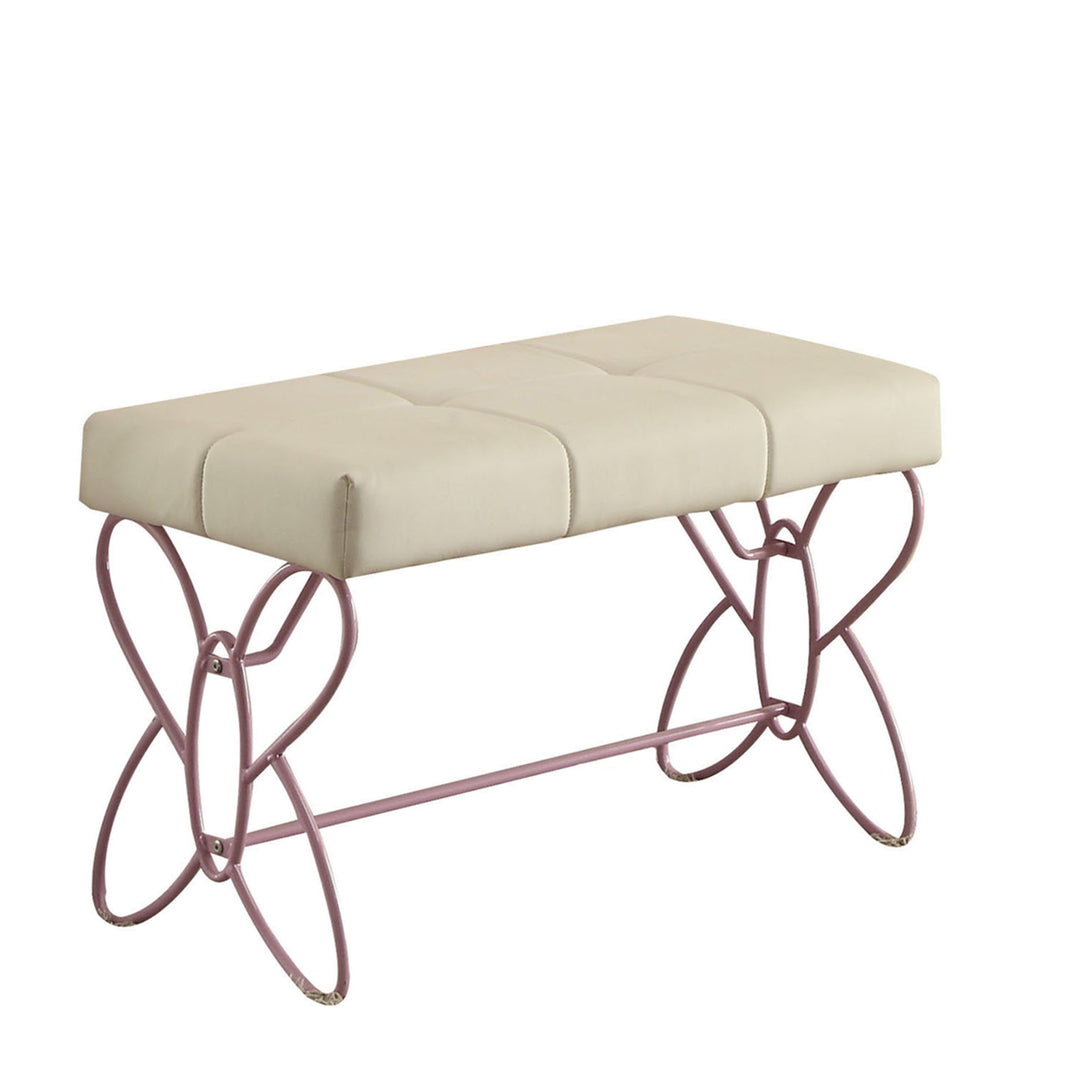 Metal Armless Bench with Butterfly Design, White and Purple- Saltoro Sherpi Image 1