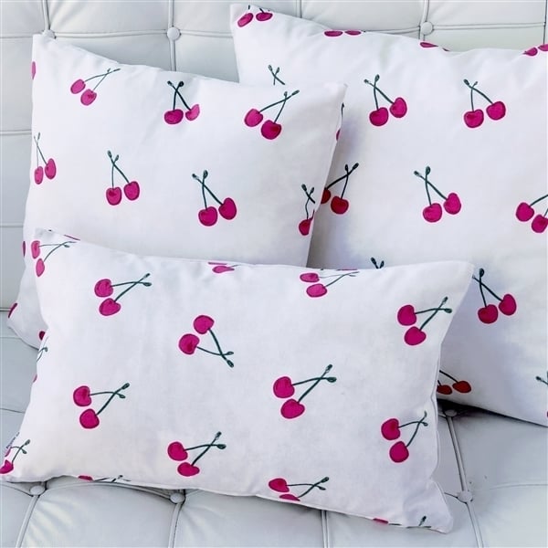 Pillow Decor Cherry Rain 20x20 Cotton Print Throw Pillow Red Green Floral Design Image 3