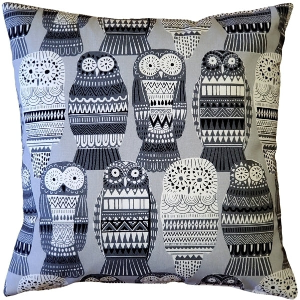 Pillow Decor Midnight Owl Cotton Throw Pillow 17x17 Gray Off-White Design Image 1