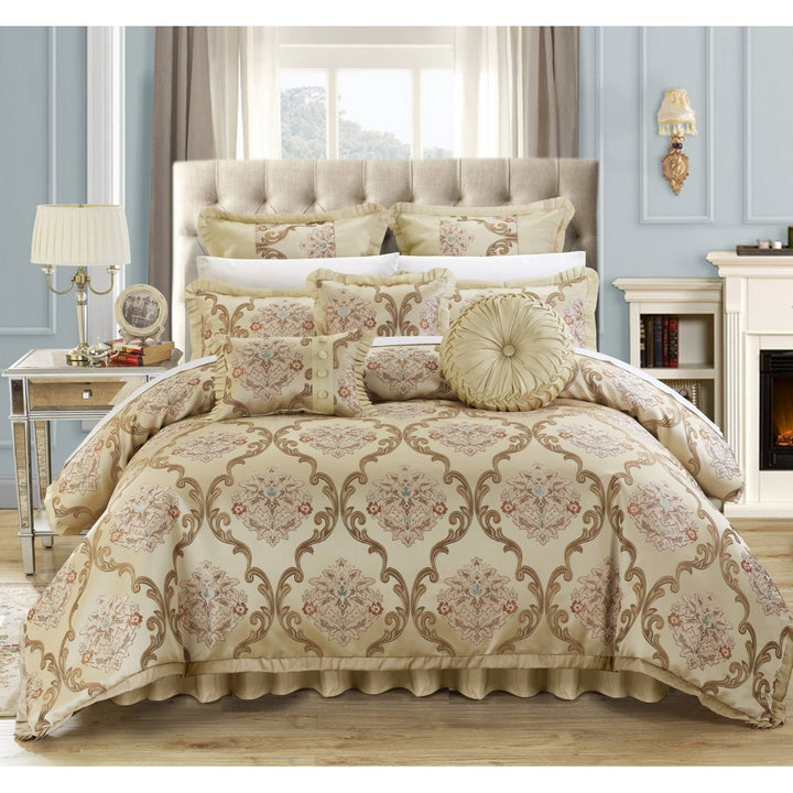 9 Piece Aubrey Decorator Upholstery Quality Jacquard Scroll Fabric Complete Master Bedroom Comforter Set and pillows Image 1