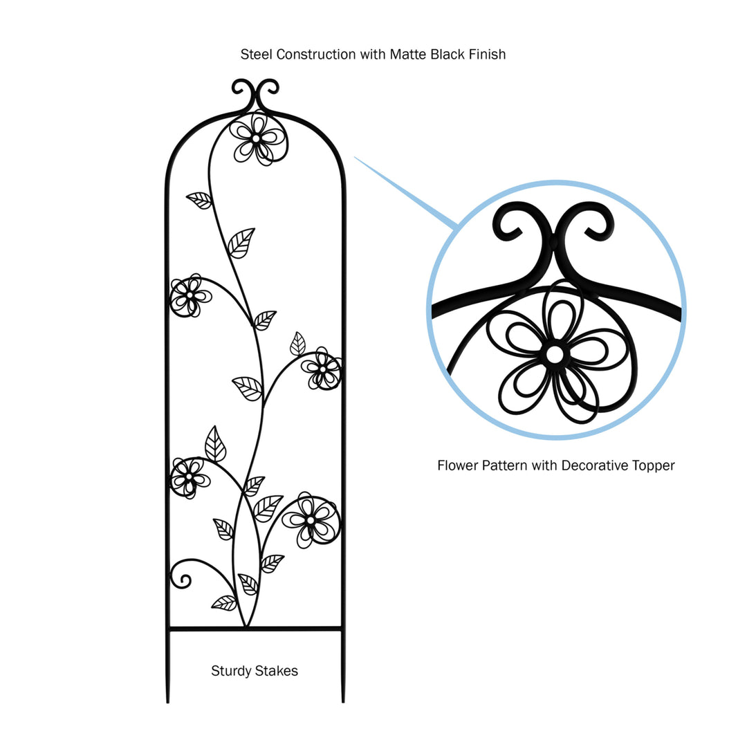 Garden Trellis- For Climbing Plants- Decorative Black Curving Flower Stem Metal Panel -For Vines, Roses, Vegetable Image 3