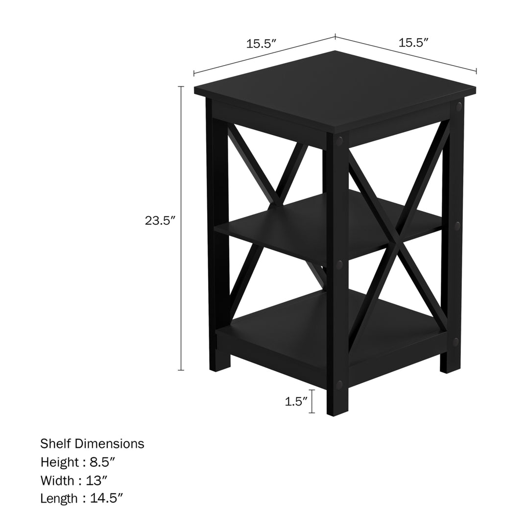End Table with Two Shelves Modern Sofa Side Table with X-Leg Design Black Wooden Stand Image 2