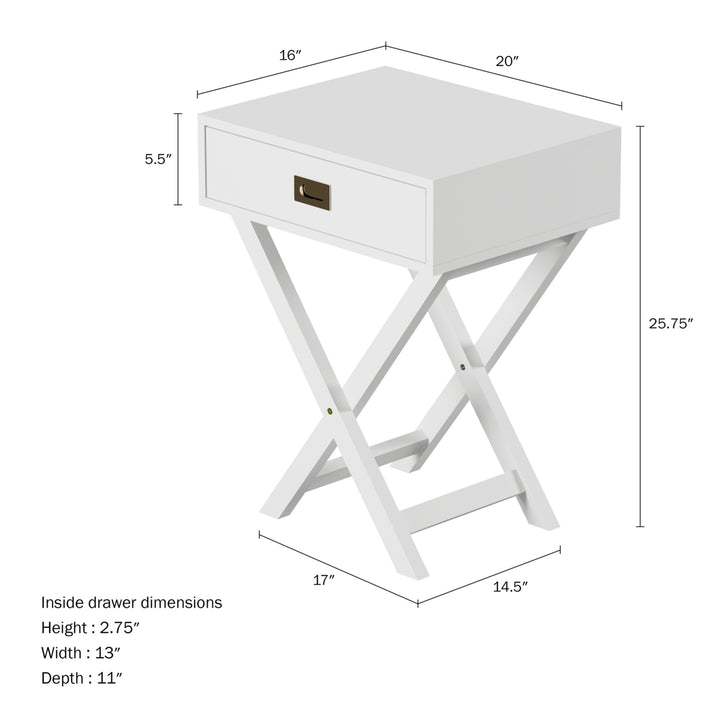 Modern White End Table with Drawer X-Leg Design for Living Room or Bedroom Image 1