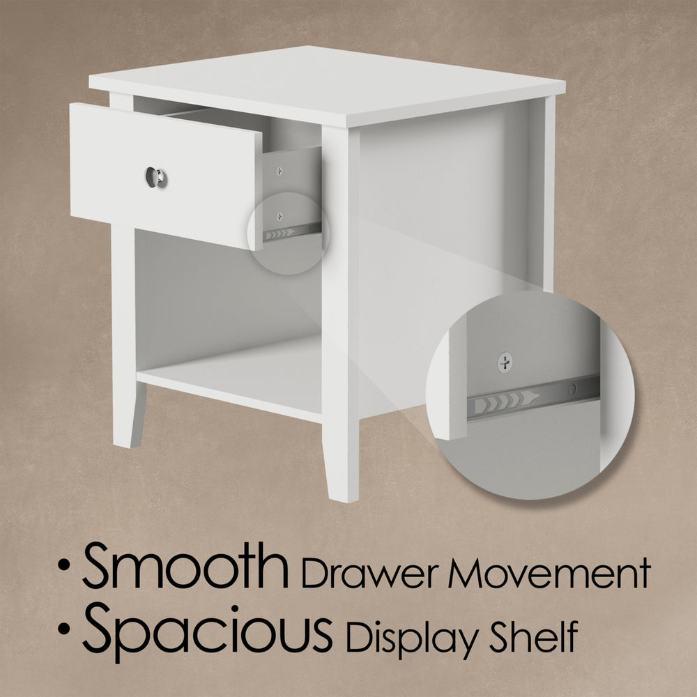 White Wooden End Table with Drawer Storage Shelf for Bedroom Living Room 20x17.5 Image 2